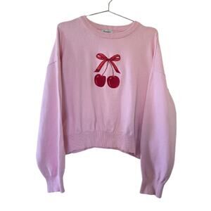 Faded Rose Pink Cherry Embroidered Sweater Womens Size L Soft Knit Long Sleeve